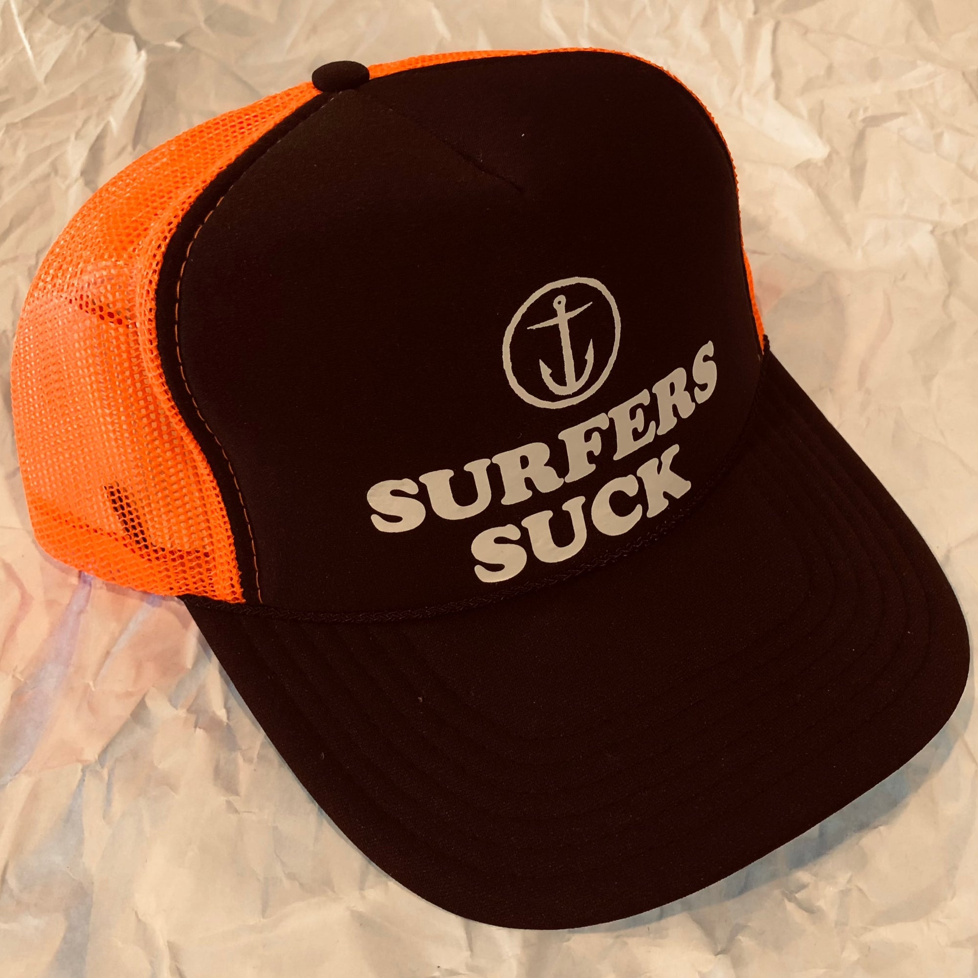 Captain Fin Surfers Suck Trucker Hat Neon Orange