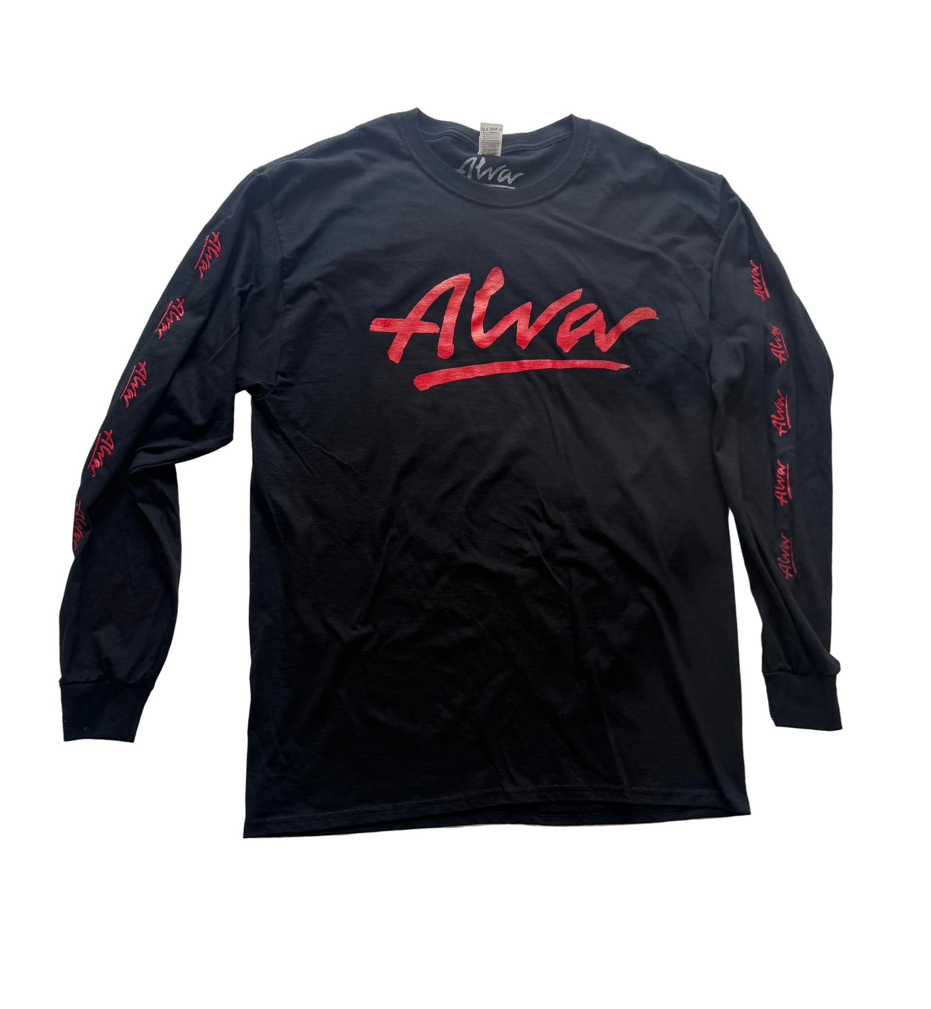 ALVA Black LONG SLEEVE T SHIRT w/ Red OG Chest logo, and red logos down sleeves