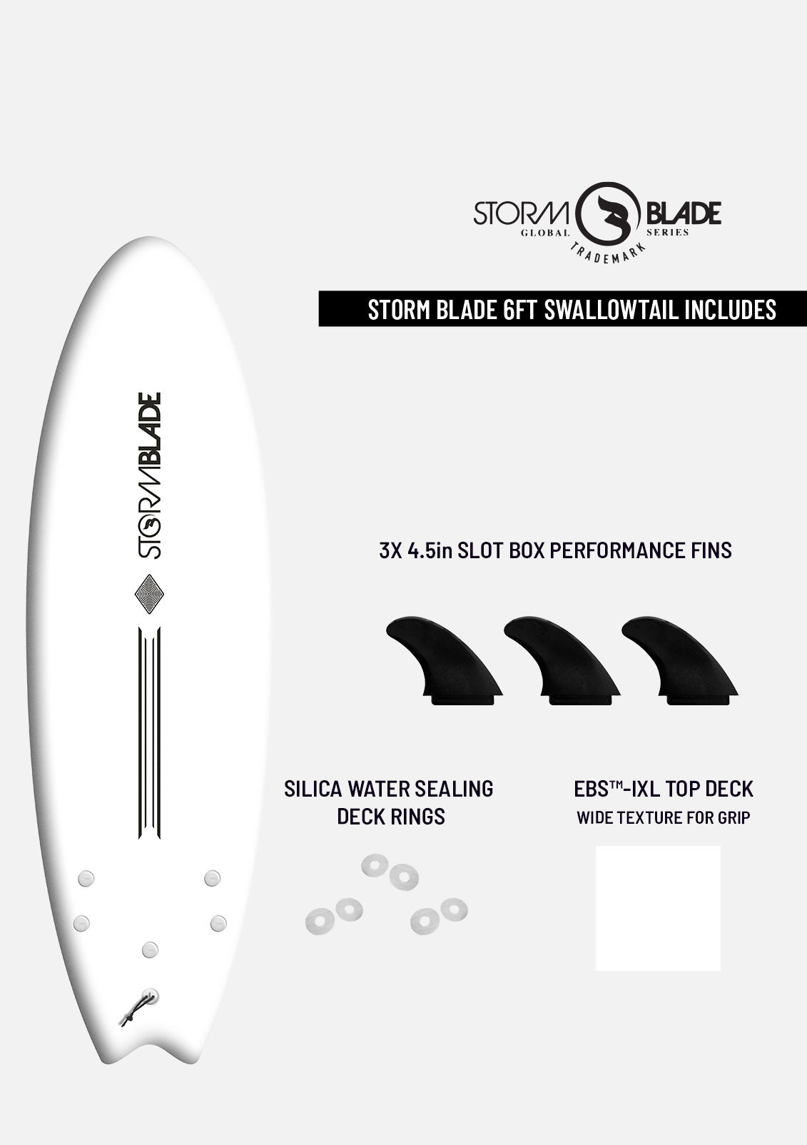 Storm Blade 6ft Swallow Tail Soft Top Surfboard- white