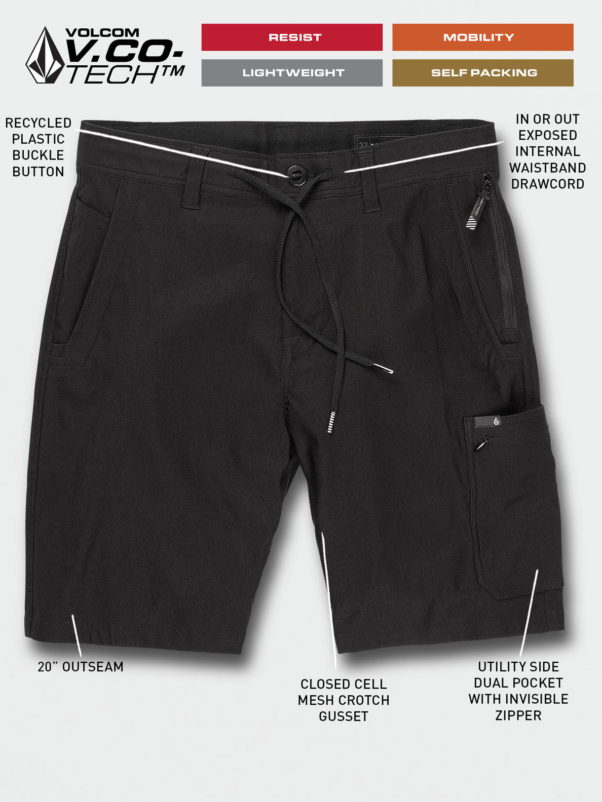 VOLCOM STONE TRAIL MASTER SHORT 20" BLACK Sunny Smith LLC
